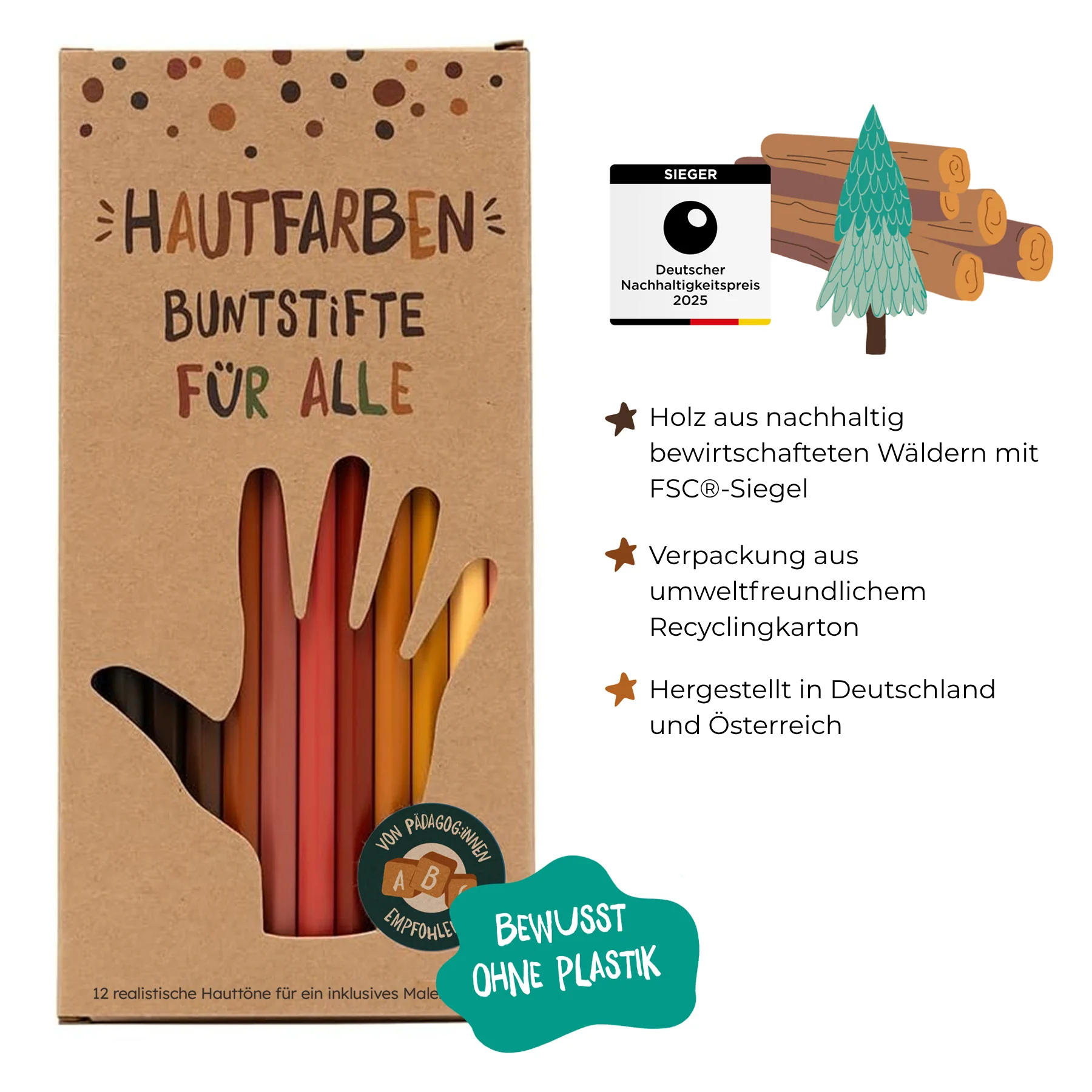 Hautfarben-Buntstifte in nachhaltiger Verpackung aus Recyclingkarton, hergestellt in Deutschland, plastikfrei.
