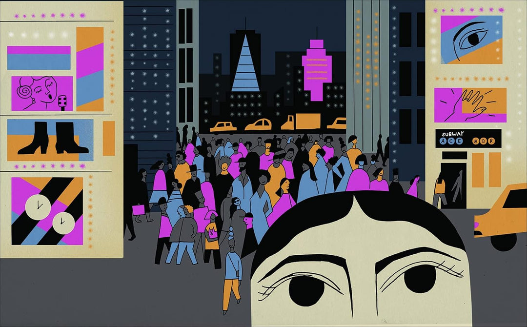 Die Illustration zeigt Pina Bausch in New York. Überall sieht man Leuchtreklamen und hinter ihr sind viele Menschen zu sehen.