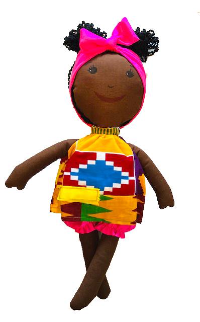 Stoffpuppe mit dunkler Haut, buntem Kleid im afrikanischen Stil und einer pinken Schleife im Haar.