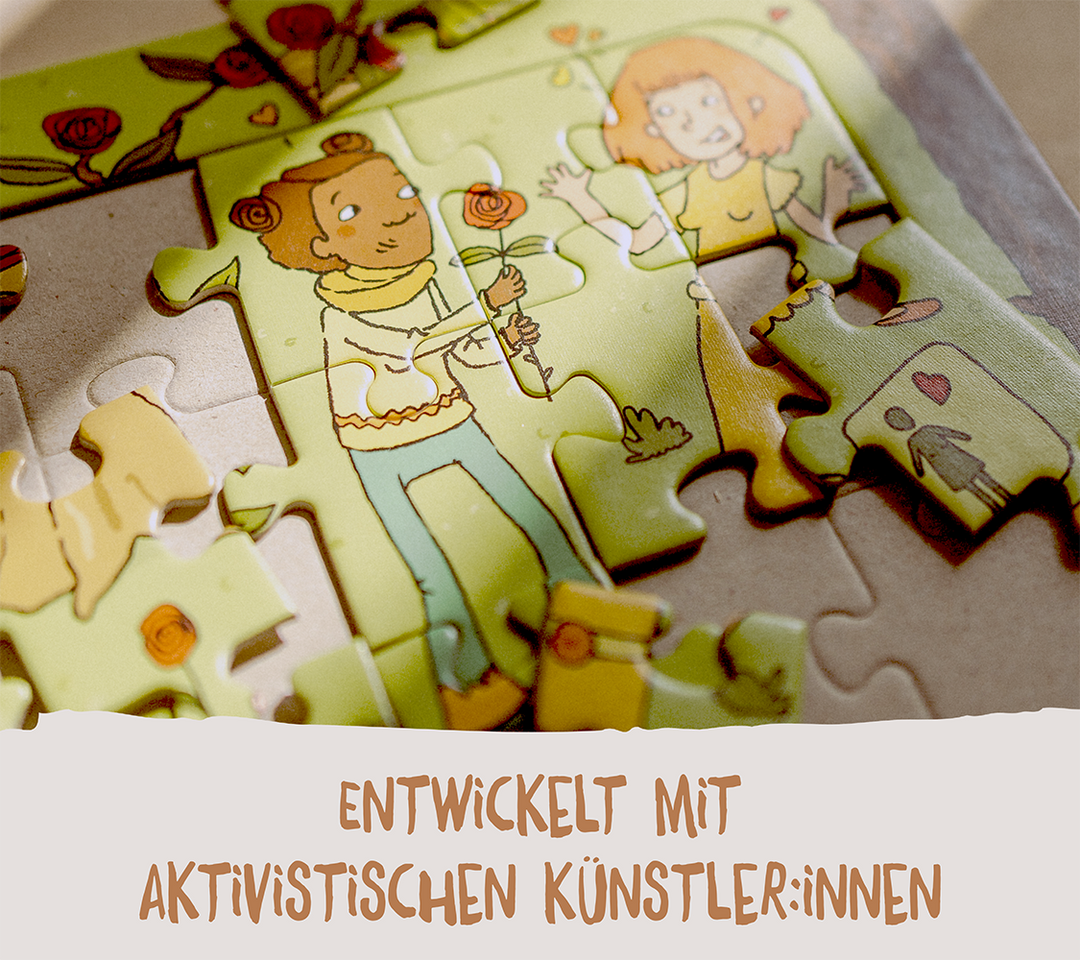 Nahaufnahme vom Puzzle für die Vielfalt mit detailreicher Illustration. Entwickelt mit aktivistischen Künstler:innen.