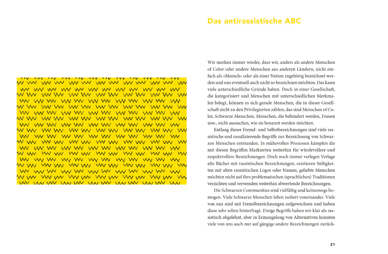 Seite aus dem Buch "Gib mir mal die Hautfarbe". Rechts Text mit dem Titel "Das antirassistische ABC" und links ein gelber Hintergrund gefüllt mit gezackten Linien.