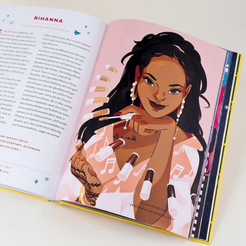 Buchseite mit Porträt und Lebensgeschichte von Rihanna zeigt, wie moderne Popikonen Kinder zu Selbstvertrauen und Toleranz inspirieren können.