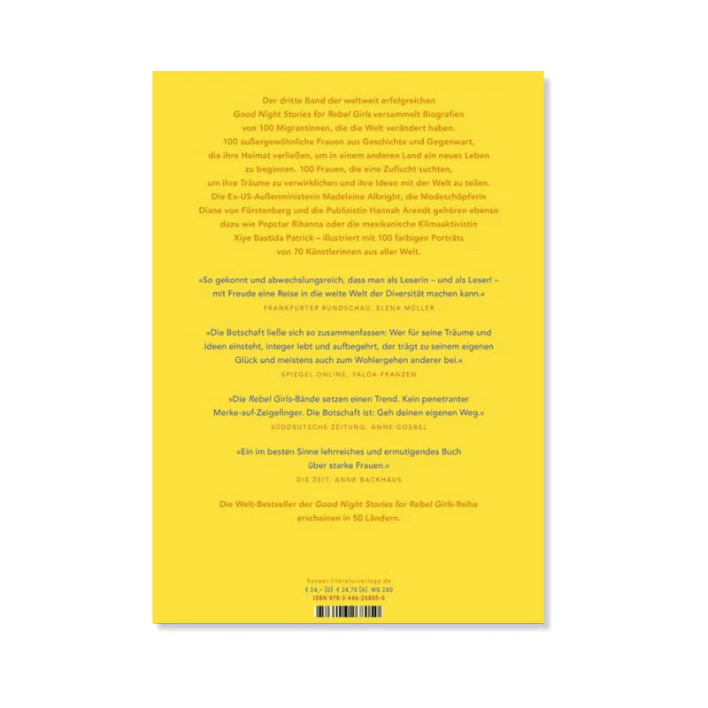Rückseite des Kinderbuchs "Good Night Stories for Rebel Girls – 100 Migrantinnen" mit Kurzbeschreibung und Infos. Ideal für Eltern und Pädagog:innen.