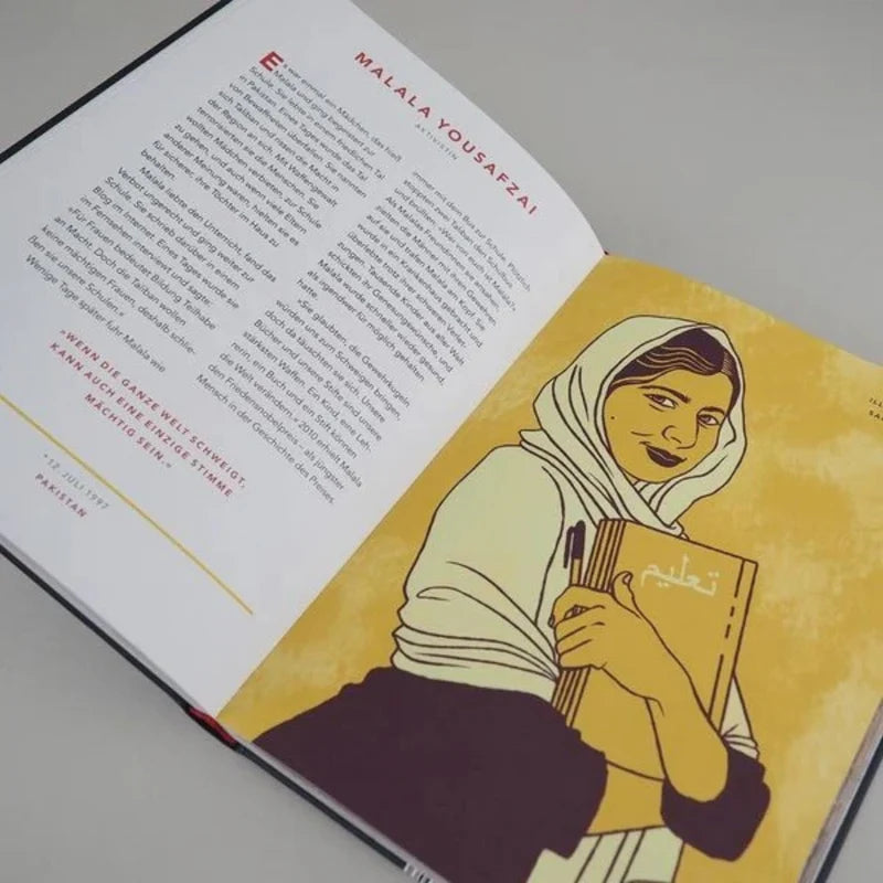Buchseite mit einer Biografie von Malala Yousafzai aus dem Rebel Girls Buch. Es zeigt Vielfalt, Identifikation und Empowerment für Kinder.