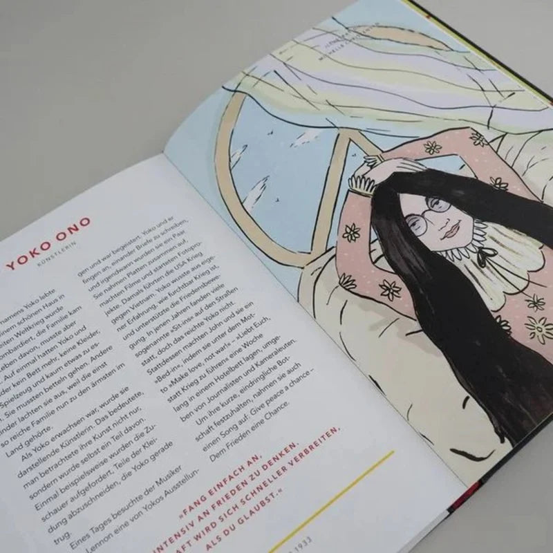 Good Night Stories for Rebel Girls Buchseite mit einer Biografie von Yoko Ono.