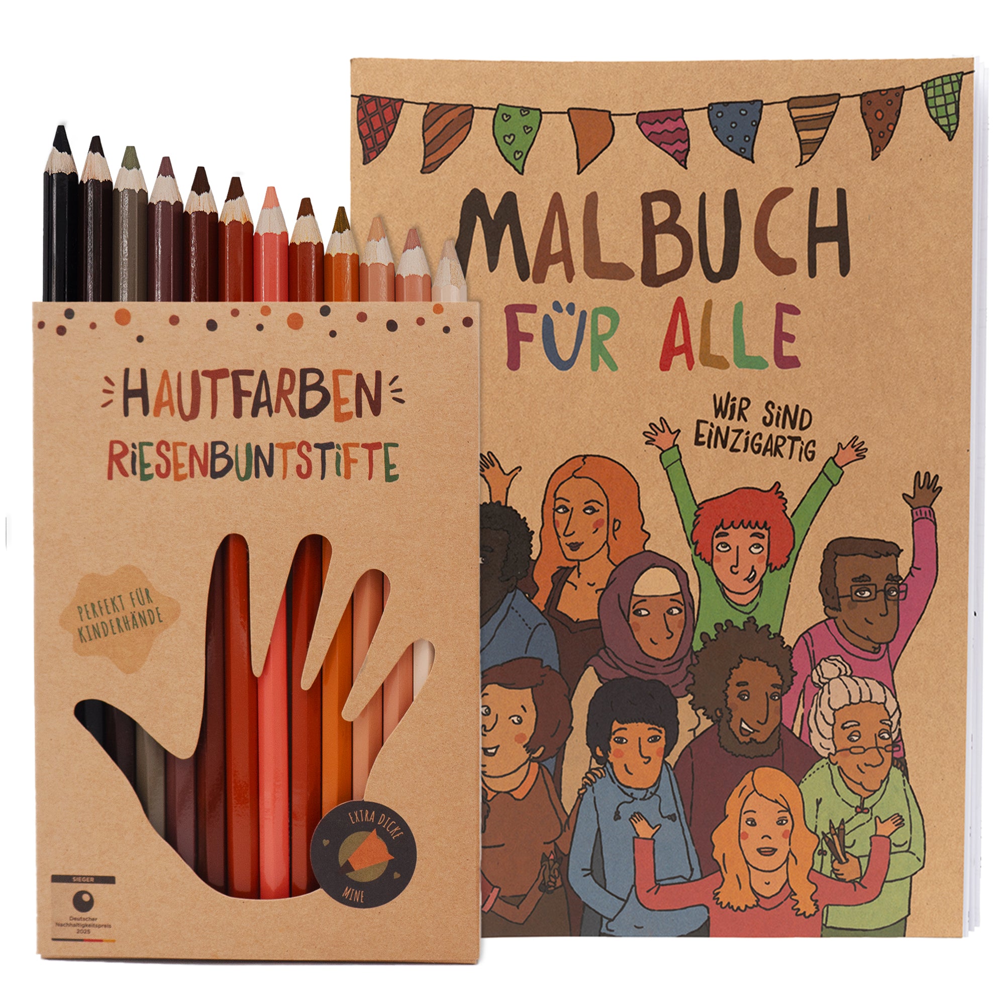 Hautfarben-Riesenbuntstifte und Malbuch für alle als Geschenkset für Kinder. Für mehr Vielfalt und Toleranz.