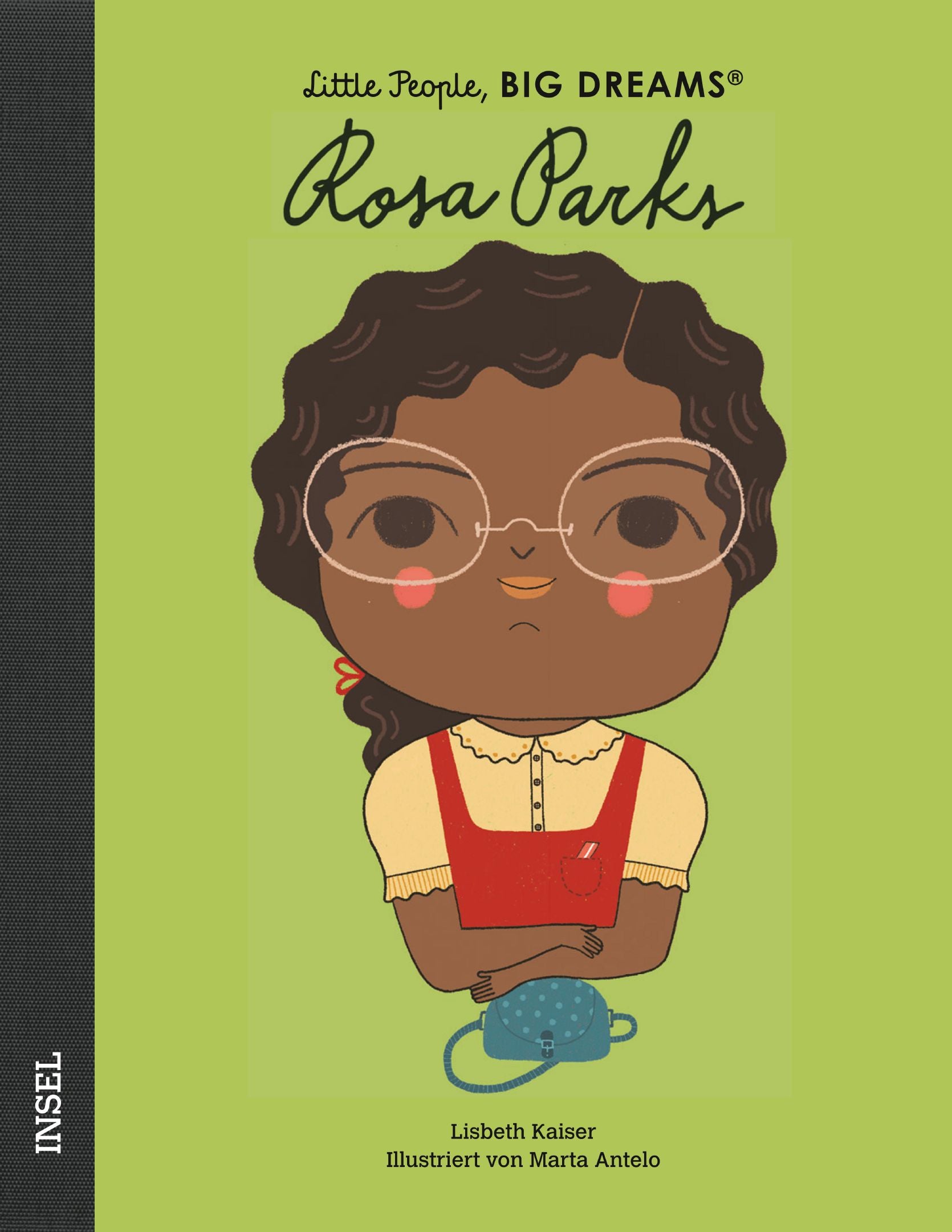 Buchcover der "Rosa Parks" Biografie mit einer Illustration von Rosa Parks in Brille und rotem Kleid.