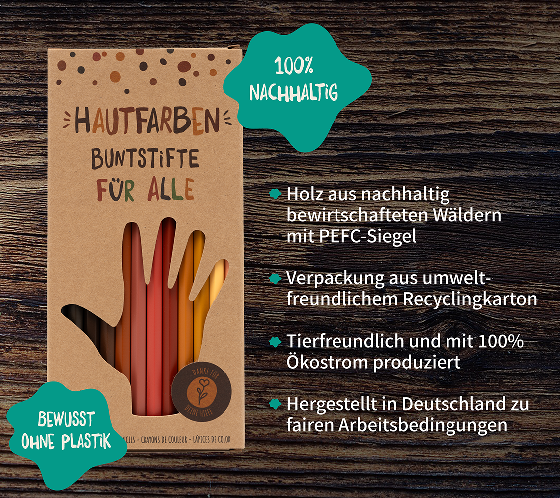 Hautfarben-Buntstifte in nachhaltiger Verpackung aus Recyclingkarton, hergestellt in Deutschland, umweltfreundlich und plastikfrei.