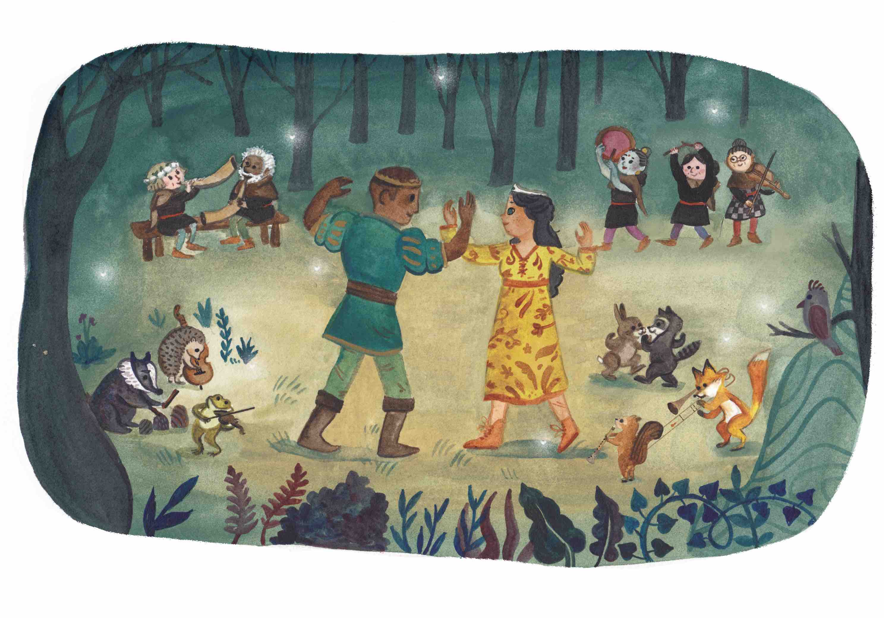 Die Illustration zeigt Schneewittchen und einen Prinzen tanzend im Wald. Andere Menschen und Tiere feiern mit.