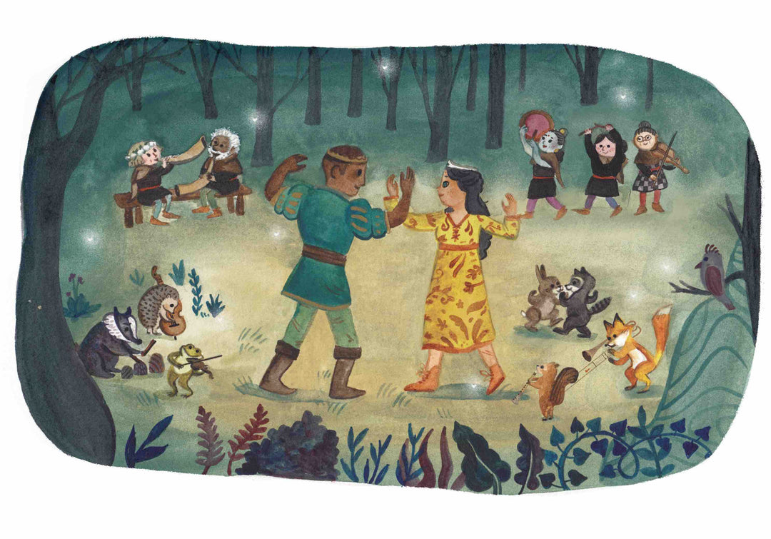 Die Illustration zeigt Schneewittchen und einen Prinzen tanzend im Wald. Andere Menschen und Tiere feiern mit.