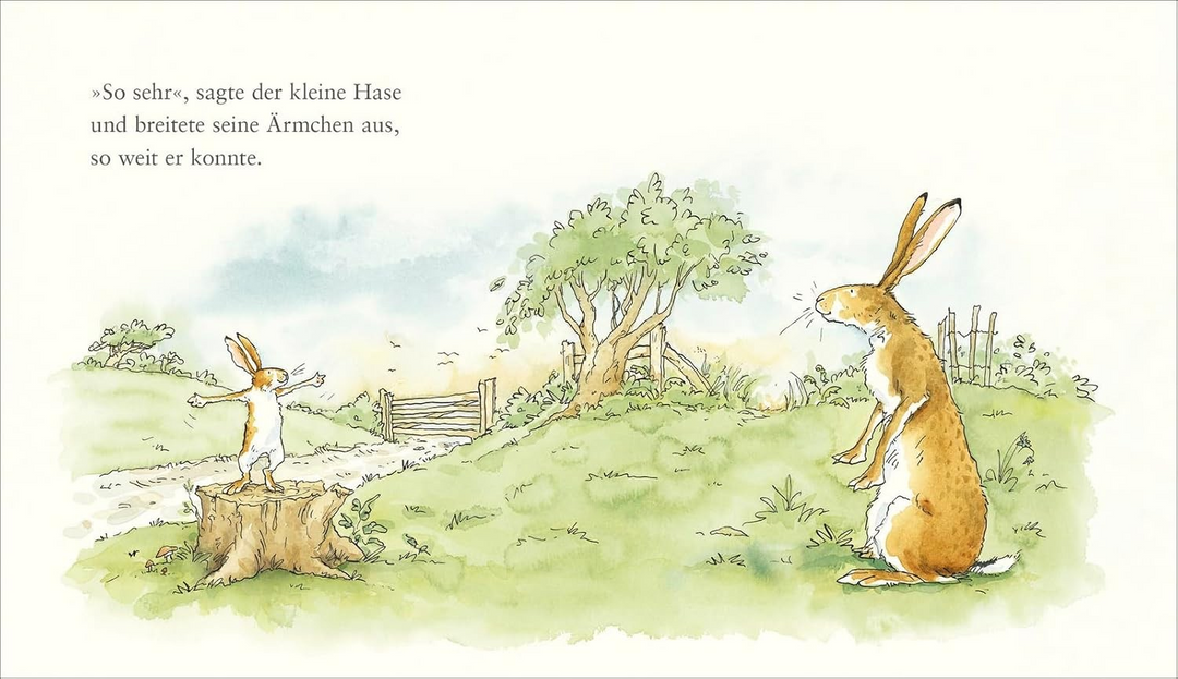Die Illustration aus dem Buch "Weißt du eigentlich, wie lieb ich dich hab?" zeigt den kleinen Hasen, der seine Arme ausbreitet, um dem großen Hasen zu zeigen, wie lieb er ihn hat.