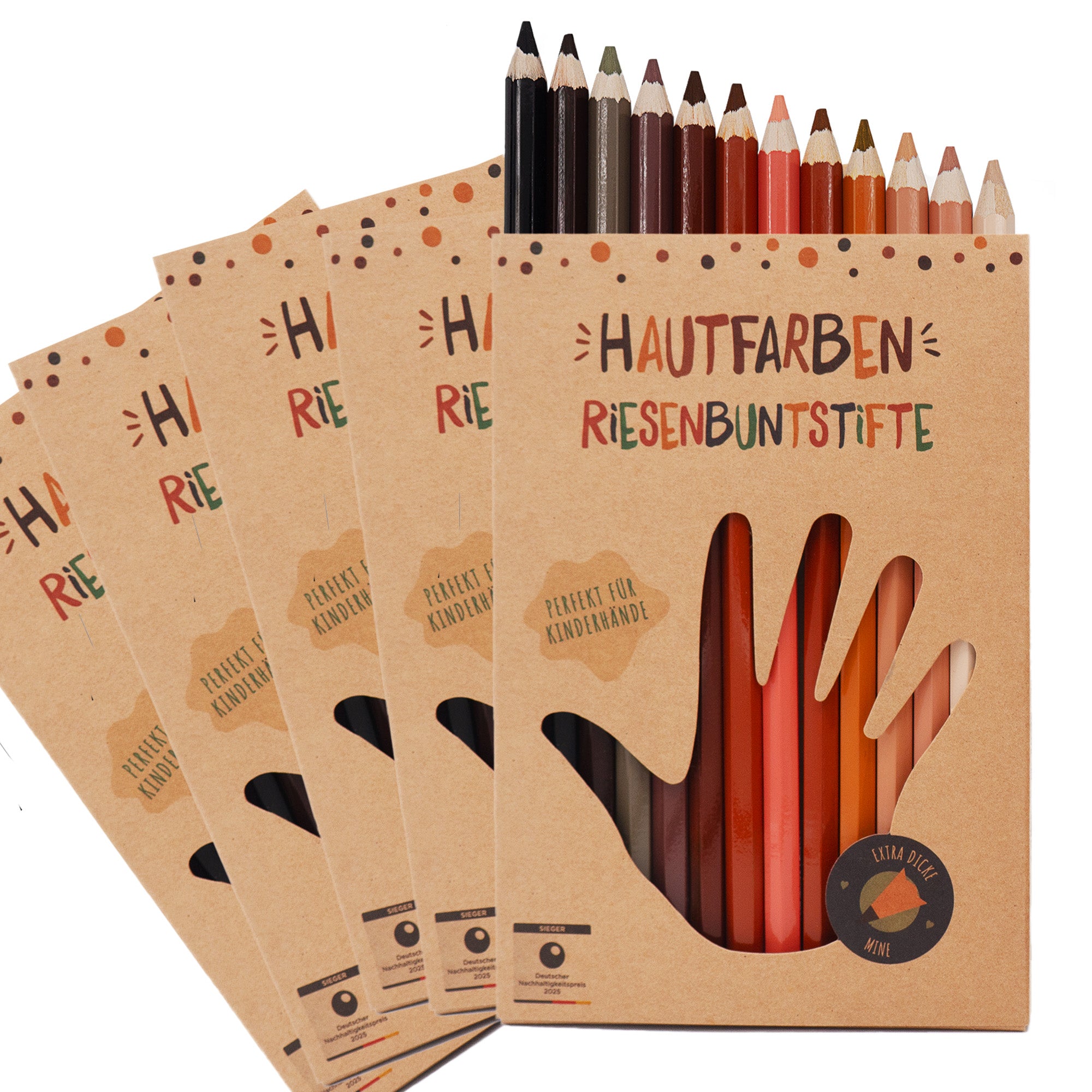 Schulset Hautfarben-Riesenbuntstifte, 4 Packungen mit jeweils 12 Buntstiften in verschiedenen Hauttönen.