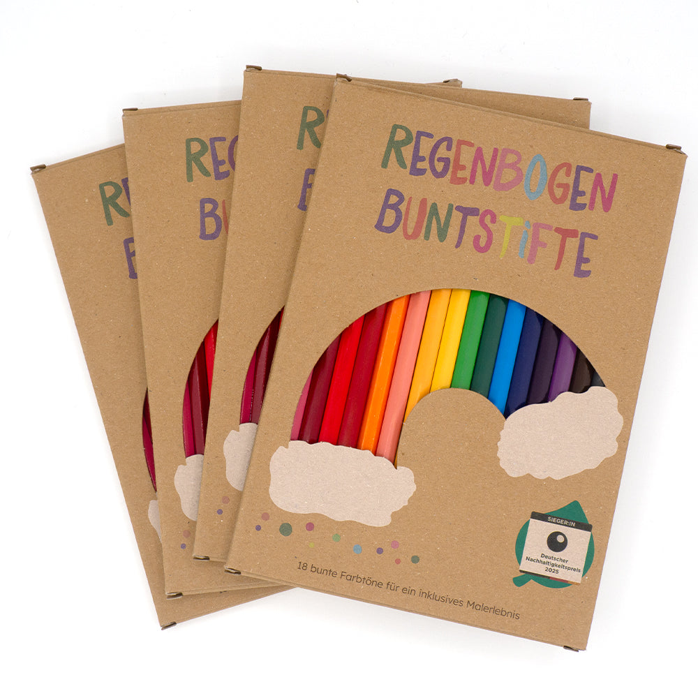 Vier Packungen der Regenbogen-Buntstifte von Hautfarben. Mit 18 leuchtenden Farben für mehr Vielfalt.