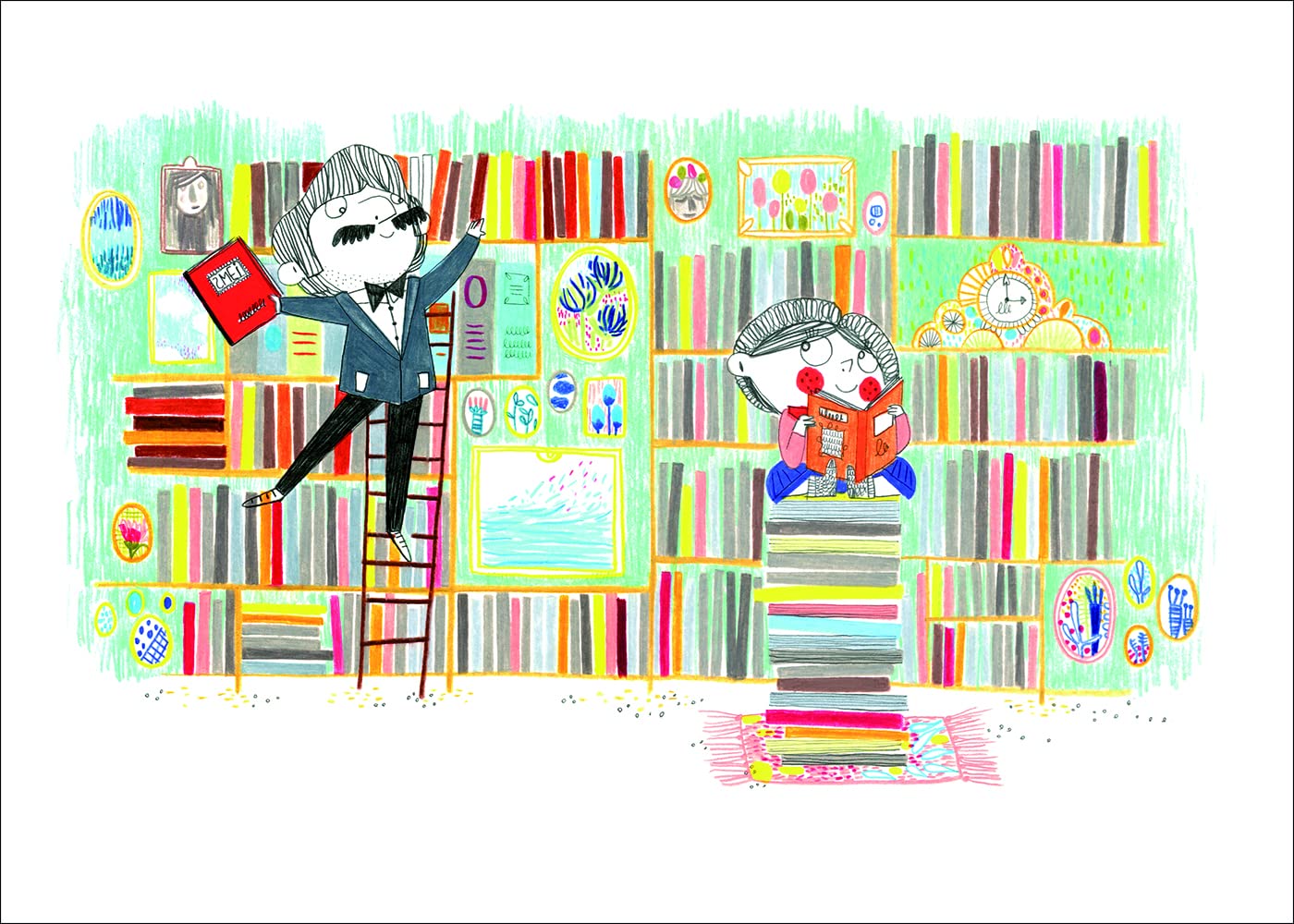 Die Illustration zeigt Simone de Beauvoir in einer Bücherei. Sie sitzt auf einem Stapel Bücher und liest. 