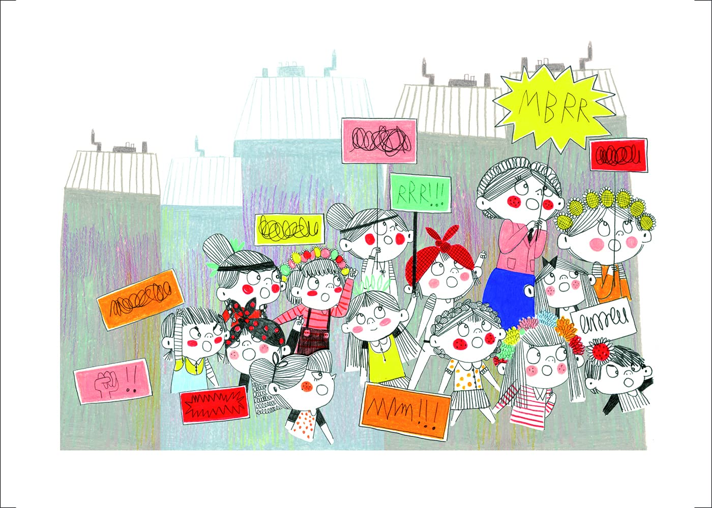 Seite aus dem Simone de Beauvoir Kinderbuch. Illustriert wird eine Demonstration gezeigt. Die Frauen kämpfen für den Feminismus.