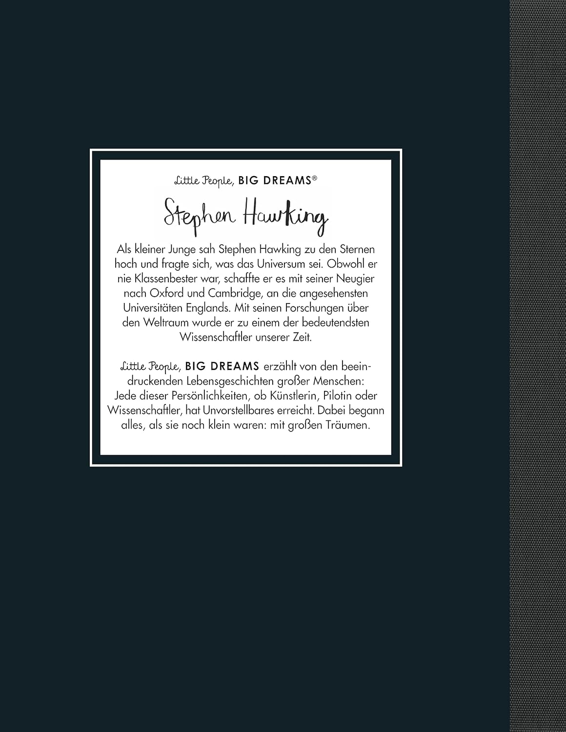 Rückseite des Buches mit einer kurzen Biografie zu Stephen Hawking in einem weißen Textfeld auf schwarzem Hintergrund.