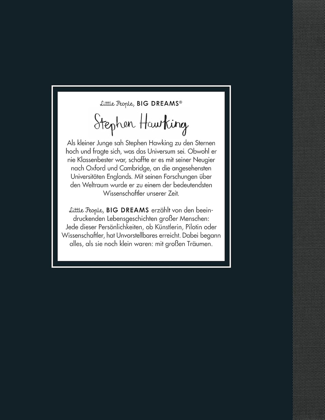 Rückseite des Buches mit einer kurzen Biografie zu Stephen Hawking in einem weißen Textfeld auf schwarzem Hintergrund.