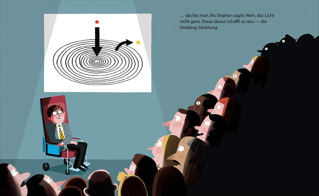 Illustration aus dem Buch über Stephen Hawking. Er hält einen Vortrag vor großem Publikum. Auf einer Tafel ist eine Zeichnung eines Schwarzen Lochs zu sehen.