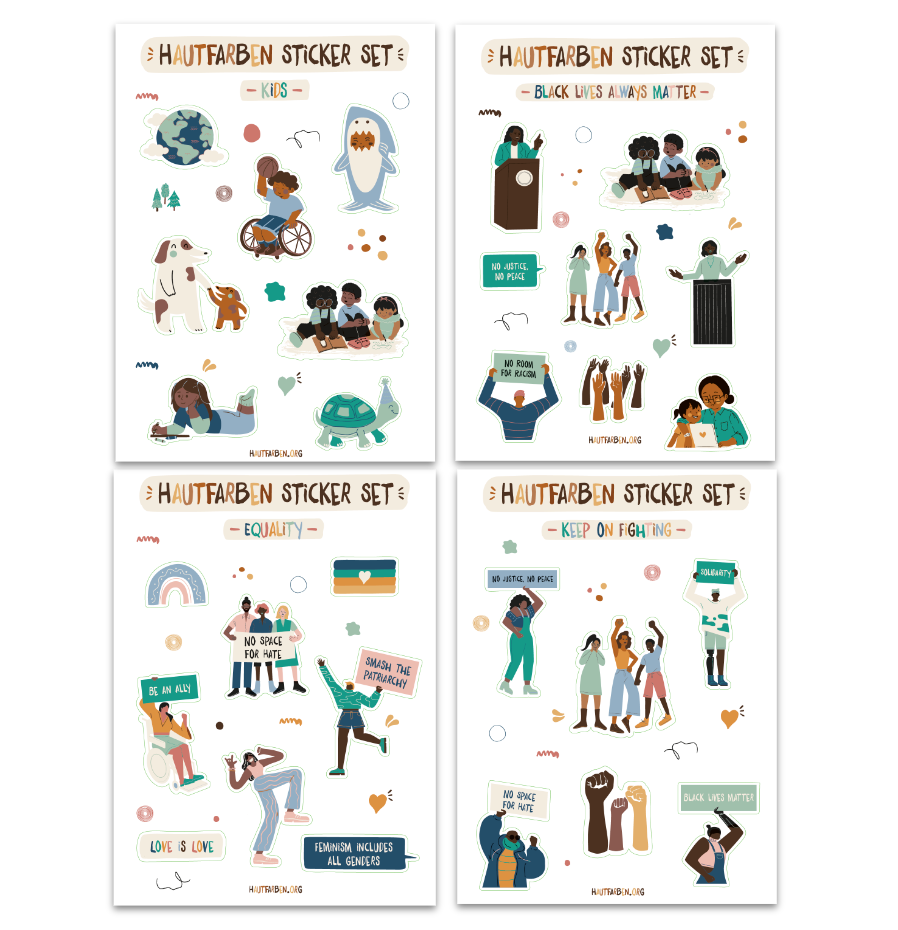 Vier Stickerbögen des "Hautfarben Sticker Set" mit Illustrationen zu Vielfalt, Black Lives Matter, Gleichberechtigung und Empowerment.