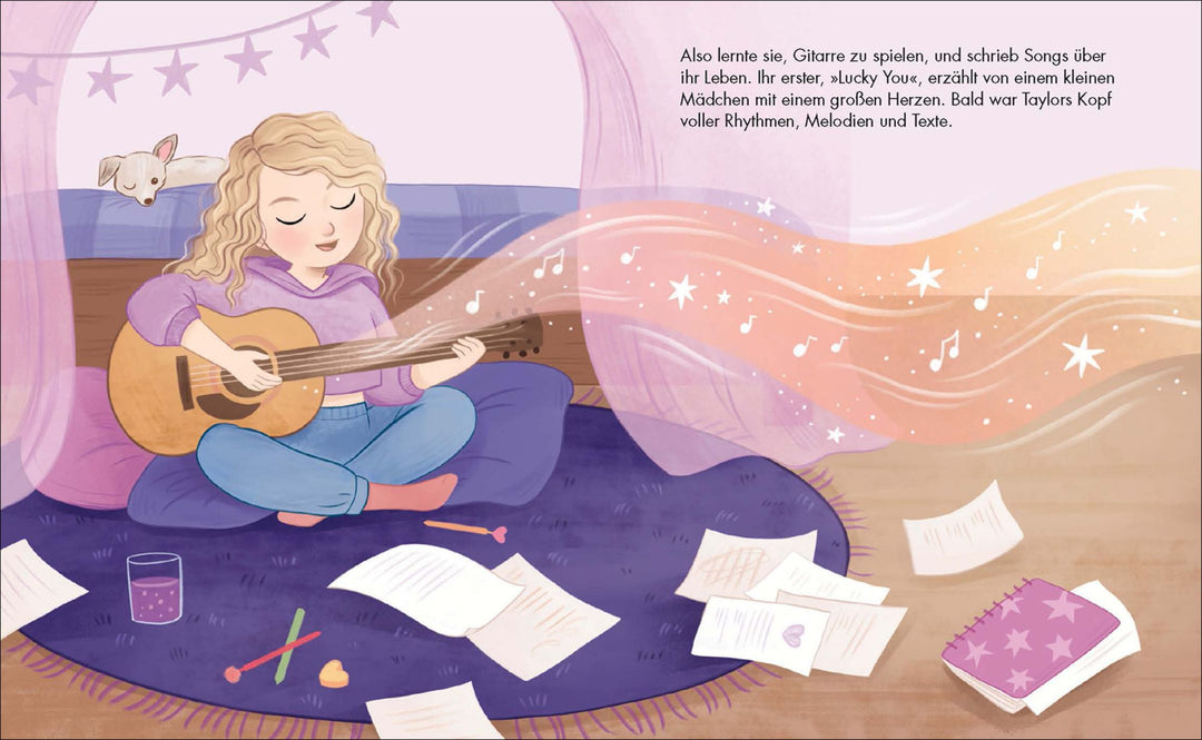 Die Illustration des Kinderbuchs zeigt Taylor Swift. Sie sitzt auf dem Boden, spielt Gitarre und singt. Hinter ihr liegt ein Hund auf dem Bett.