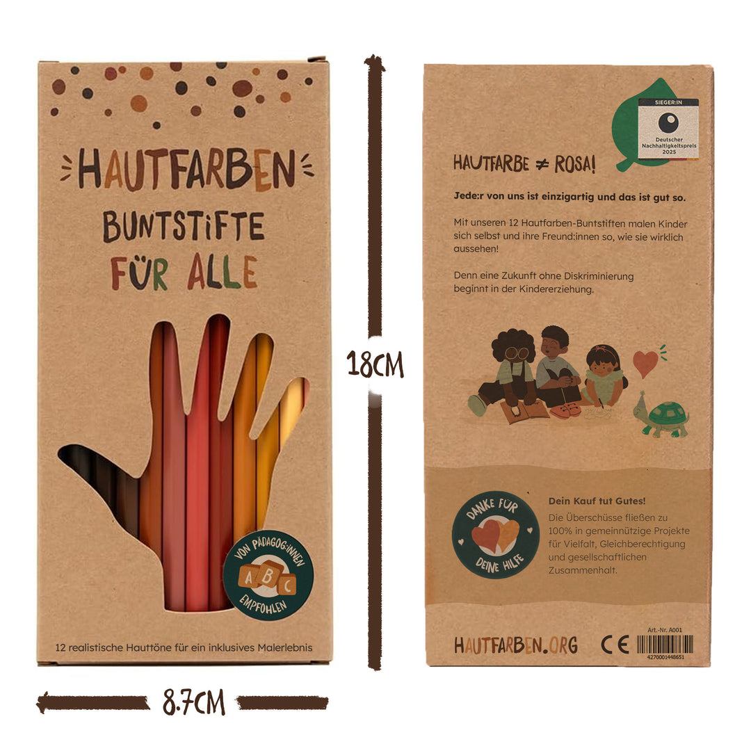 Verpackung der 12 Hautfarben-Buntstifte „Für alle“. Nachhaltig hergestellt und ideal für Vielfalt und Kreativität.