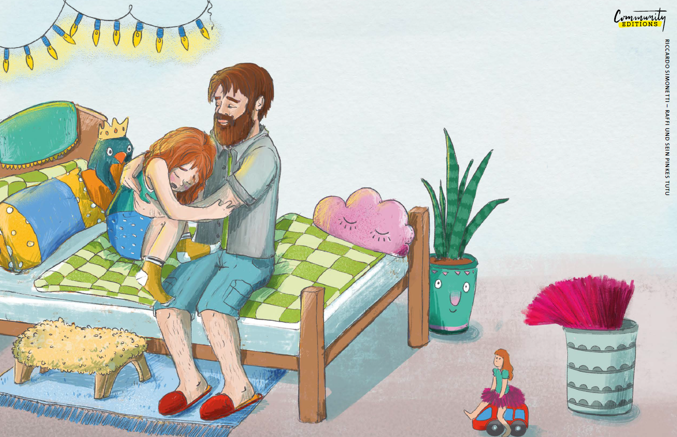 Illustration aus dem Kinderbuch "Raffi und sein pinkes Tutu" zeigt Raffi weinend auf seinem Bett. Sein Vater umarmt und tröstet ihn.