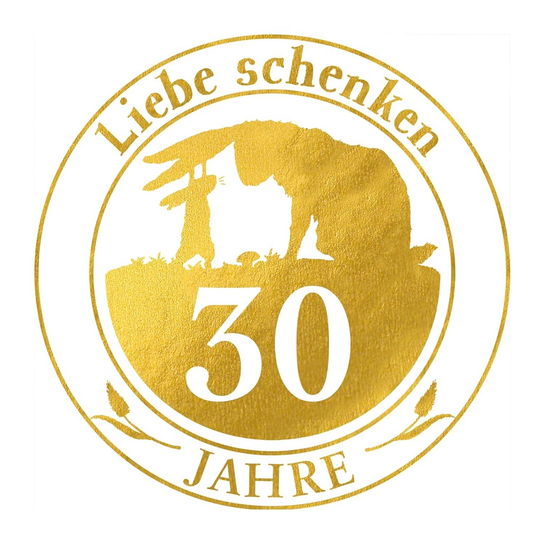 Siegel "Liebe schenken - 30 Jahre" für das Buch "Weißt du eigentlich, wie lieb ich dich hab?" mit einer Schattenzeichnung eines kleinen und großen Hasen.