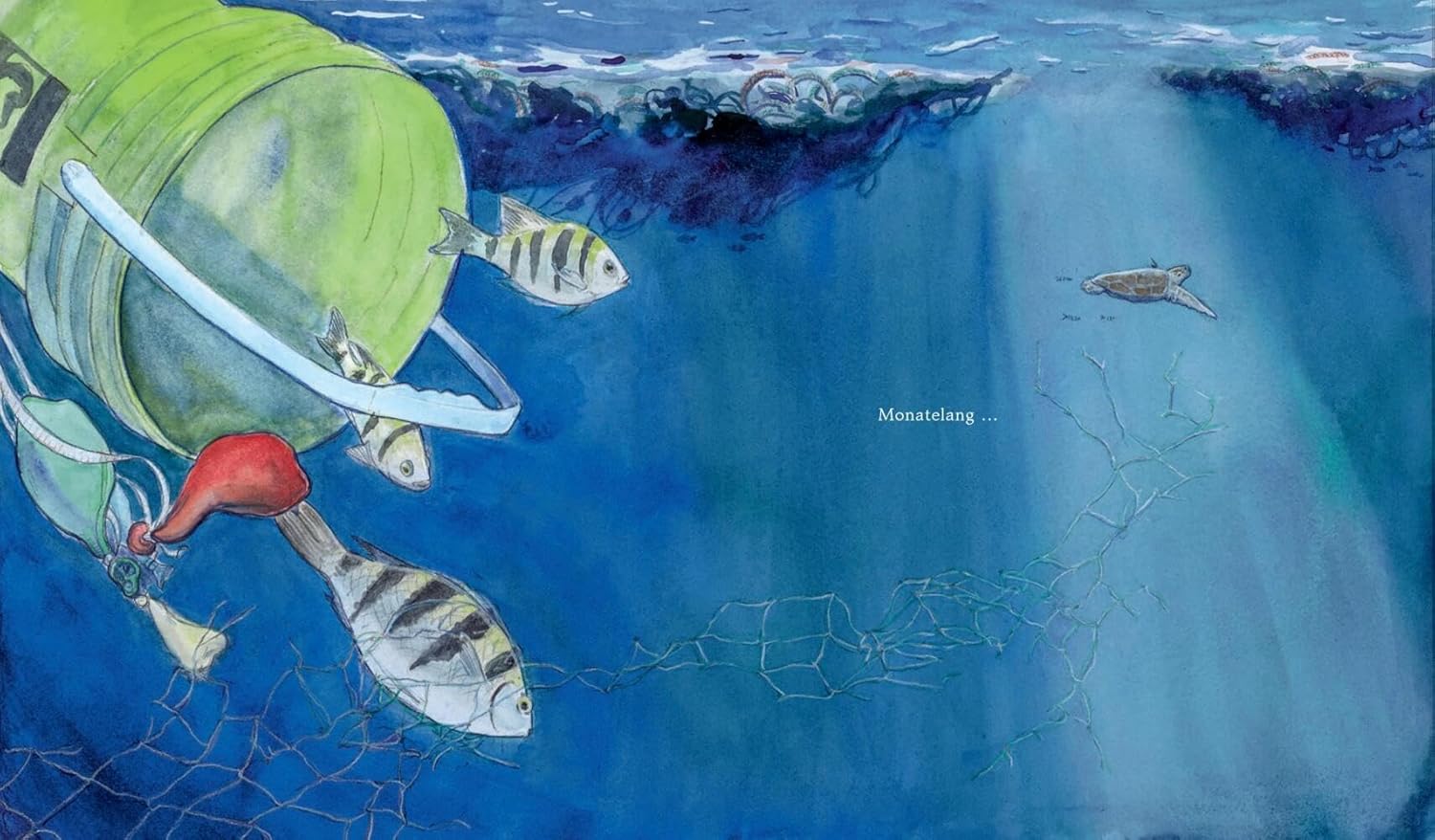 Illustration aus "Yoshi und das Meer" zeigt einen großen Plastikeimer, der im Meer treibt. 
