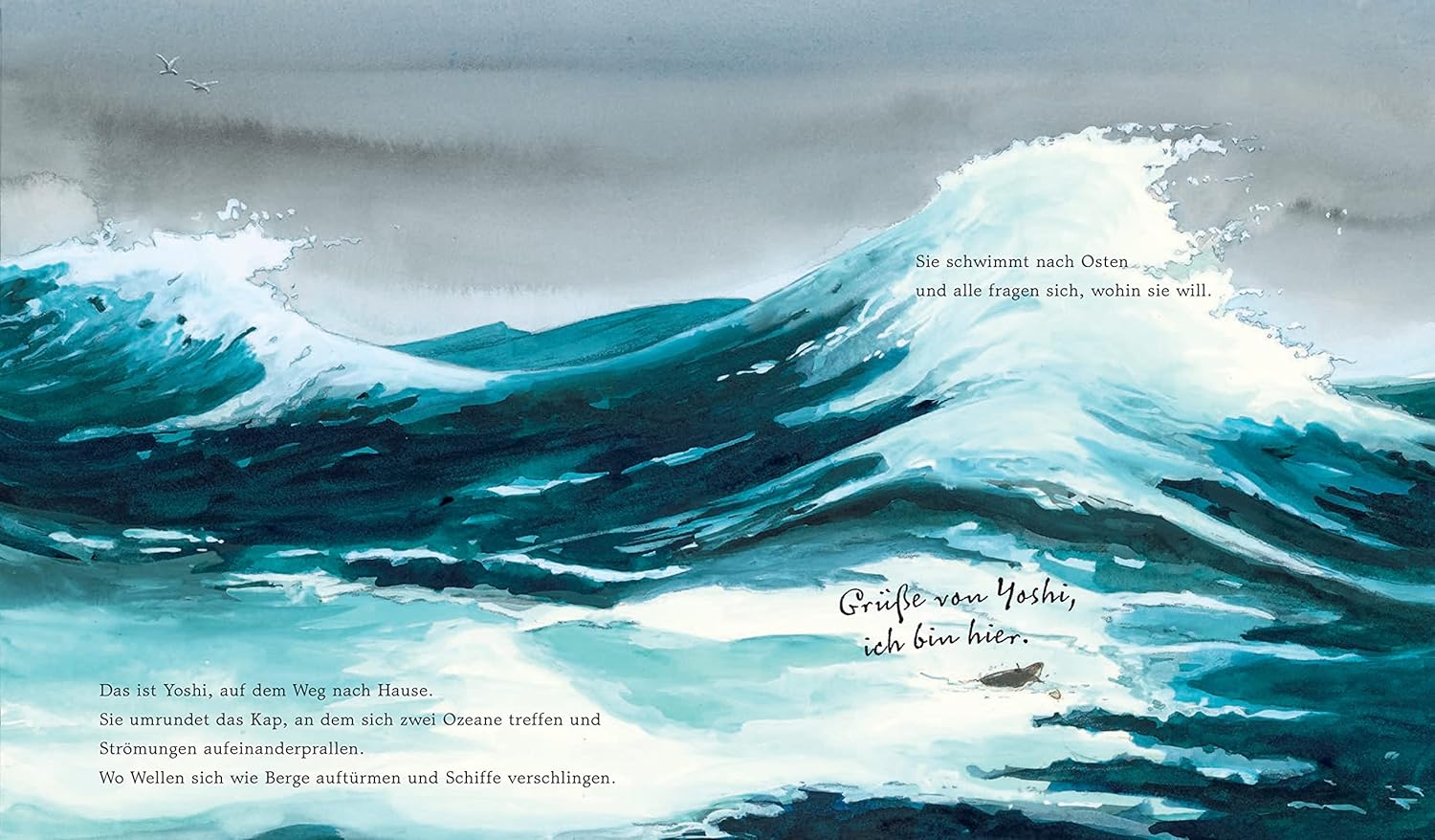 Illustration aus "Yoshi und das Meer" zeigt große Wellen im Ozean als eine poetische Darstellung der Naturgewalten.
