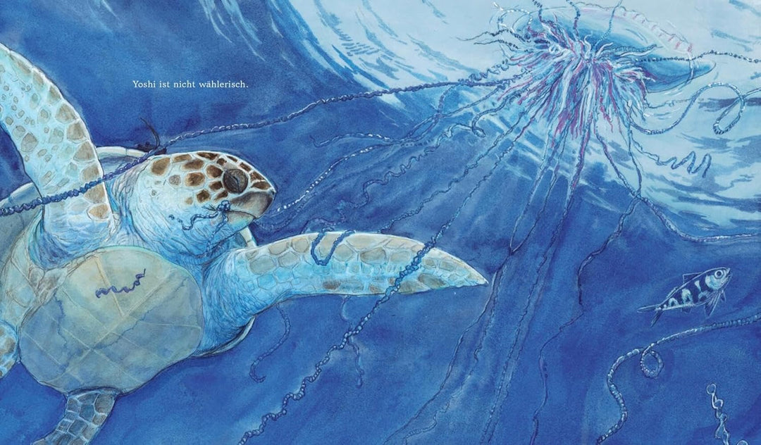 Doppelseite aus dem Kinderbuch "Yoshi und das Meer" zeigt die Schildkröte beim Fressen von Tentakeln.