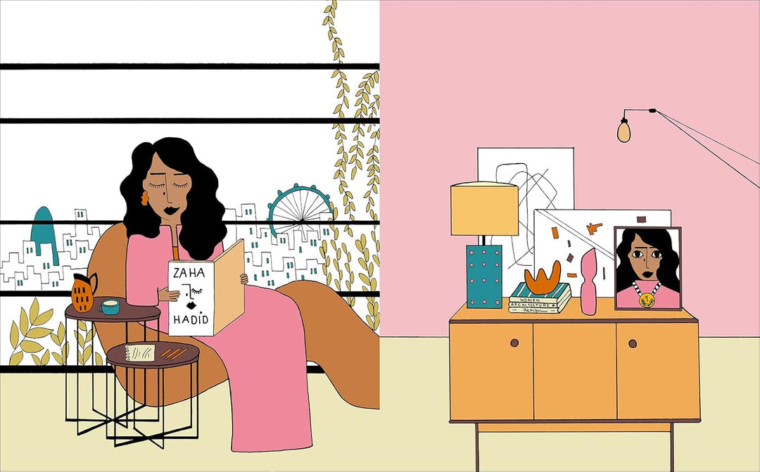 Illustration aus dem Kinderbuch über Zaha Hadid zeigt Zaha am Schreibtisch. Sie arbeitet an Architekturplänen.