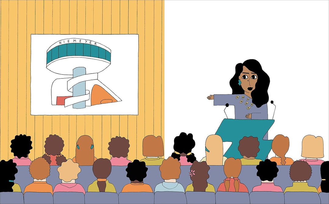Die Illustration zeigt Zaha Hadid, die einen Vortrag vor einem Publikum über ihre Architektur hält.