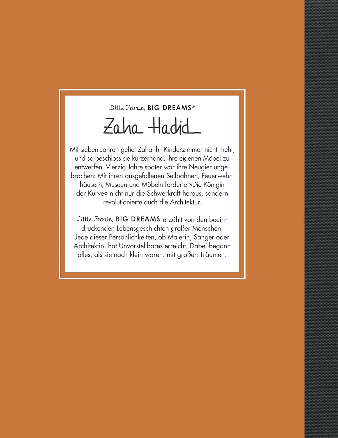 Rückseite der Zaha Hadid Biografie mit Beschreibung der inspirierenden Lebensgeschichte der Architektin.