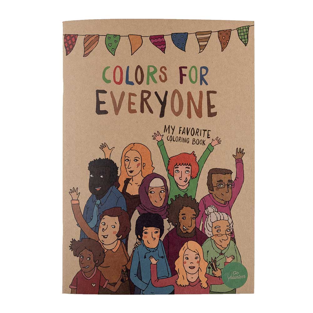 Front page of coloring book for diversity displaying a group of people - international edition GoVolunteer