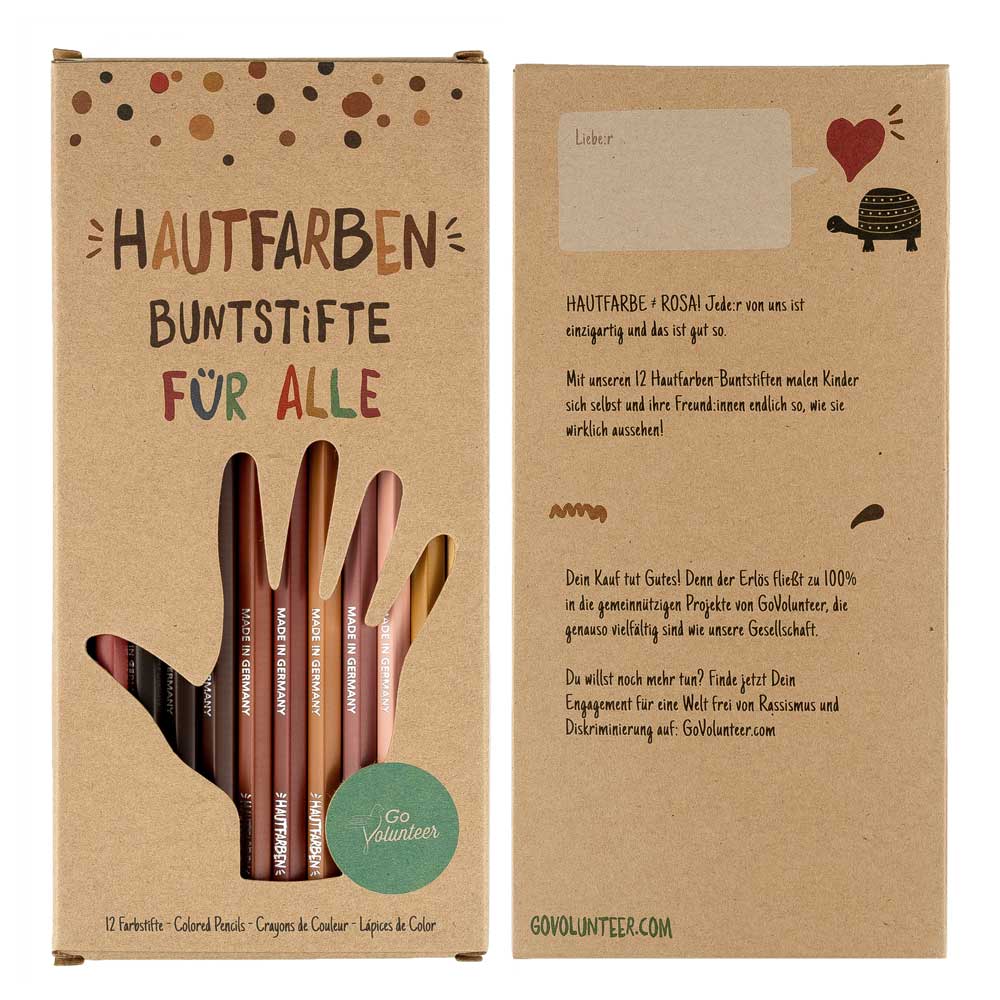 Verpackung der 12 Hautfarben-Buntstifte in verschiedenen Hauttönen. Nachhaltig hergestellt und für mehr Vielfalt.