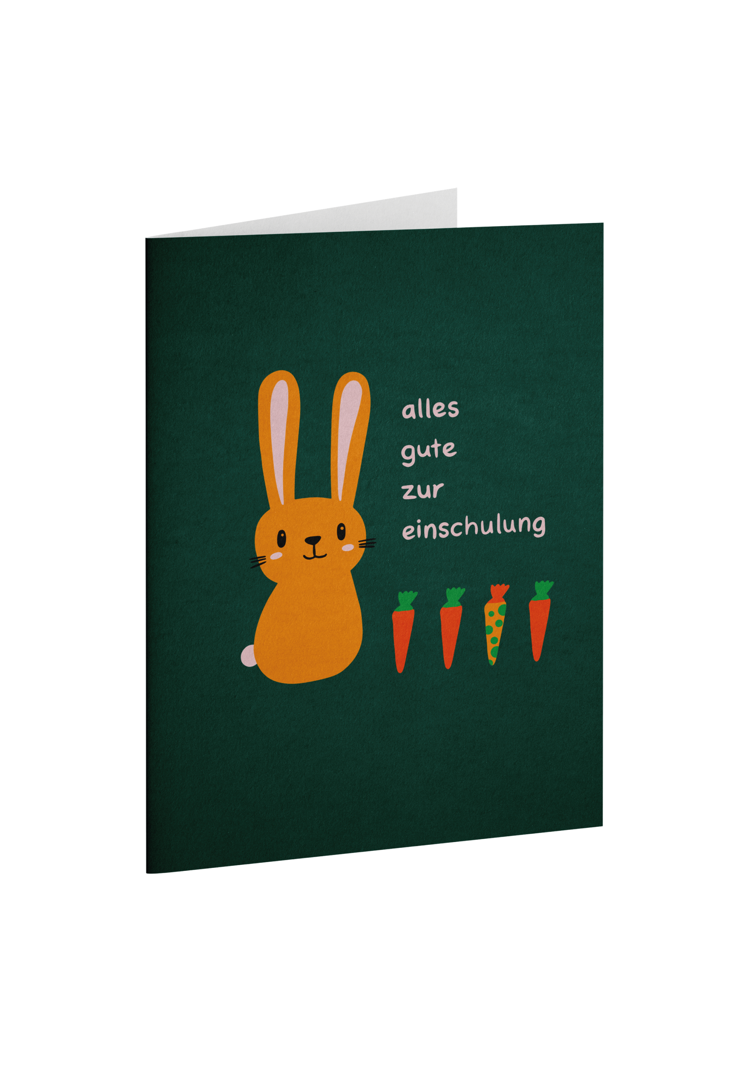 Grußkarte zur Einschulung mit der Illustration eines Hasen und vier Karotten. Daneben steht der Schriftzug "Alles Gute zur Einschulung".