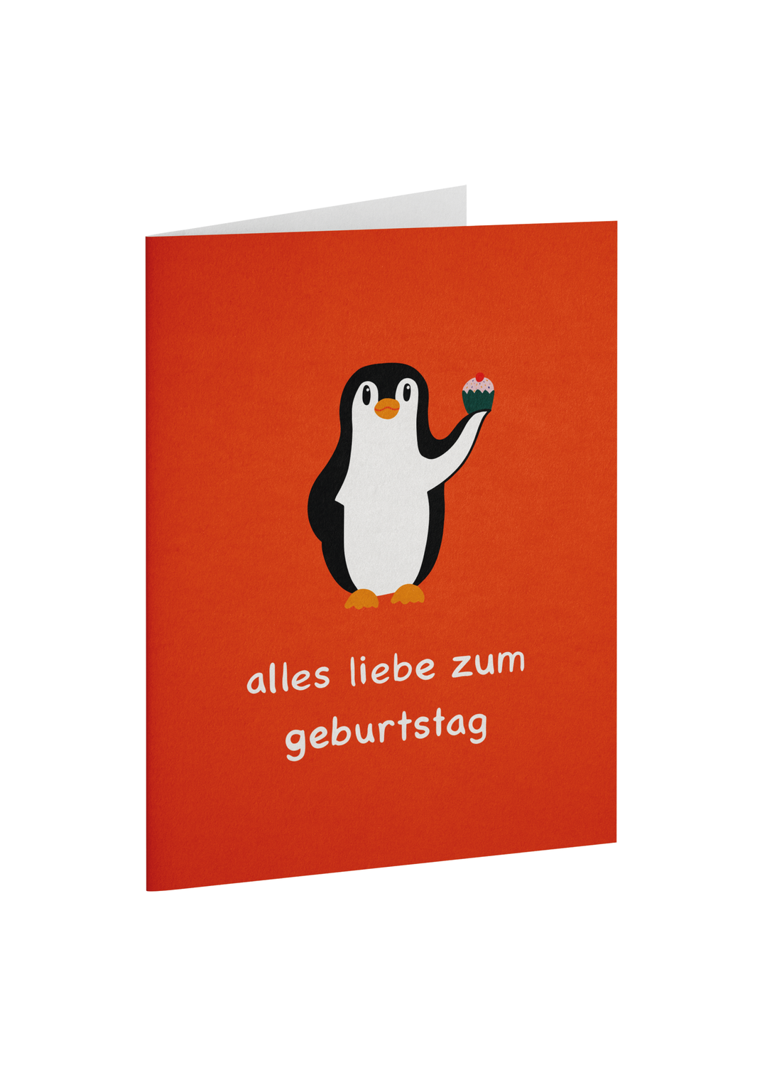Grußkarte mit Tiermotiv zum Geburtstag. Illustriert wird ein Pinguin mit einem Muffin in der Hand auf rotem Hintergrund. Darunter steht der Schriftzug "Alles Liebe zum Geburtstag".  