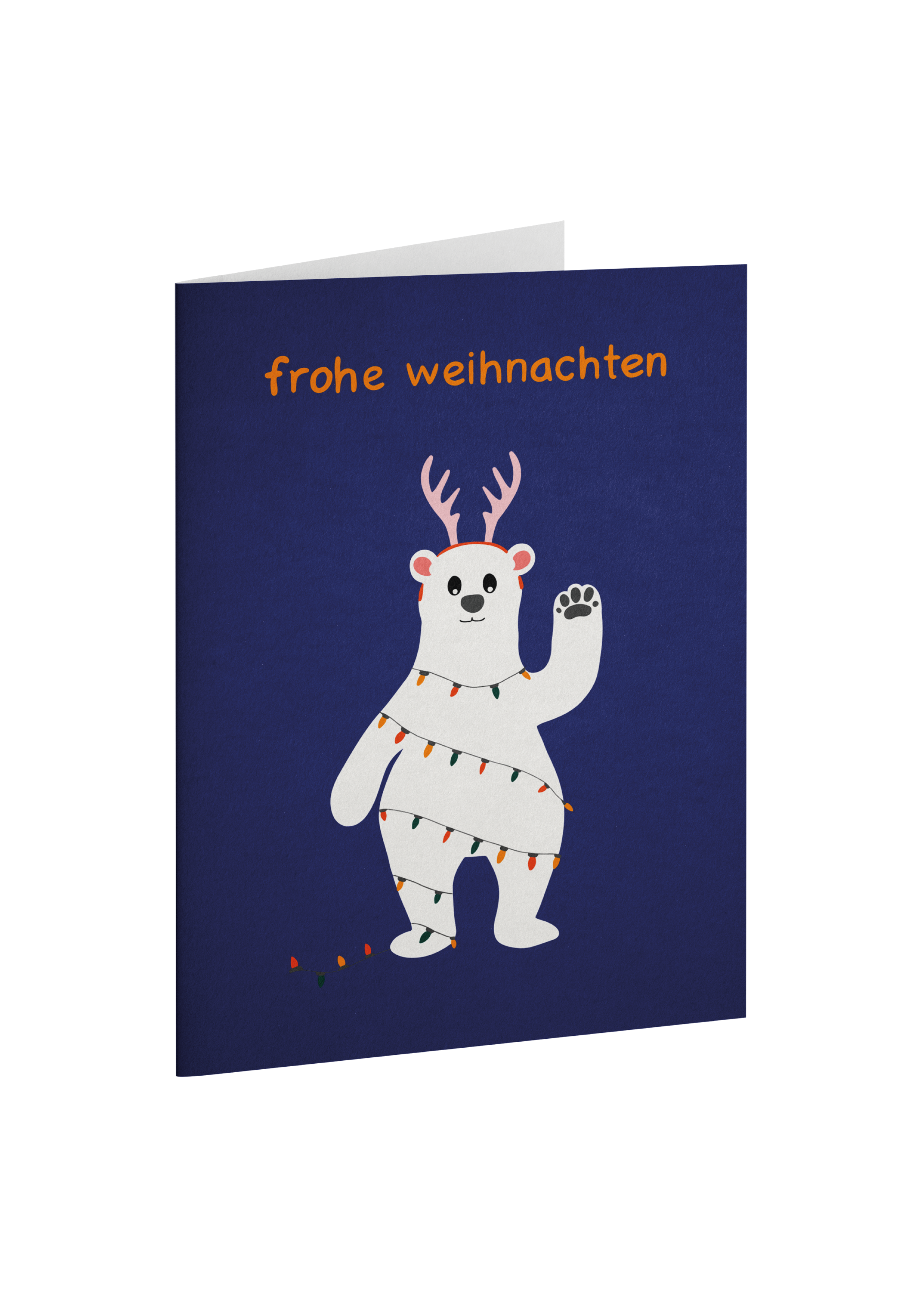 Grußkarte zu Weihnachten mit der Illustration eines Eisbärs mit Lichterkette und dem Schriftzug "Frohe Weihnachten".