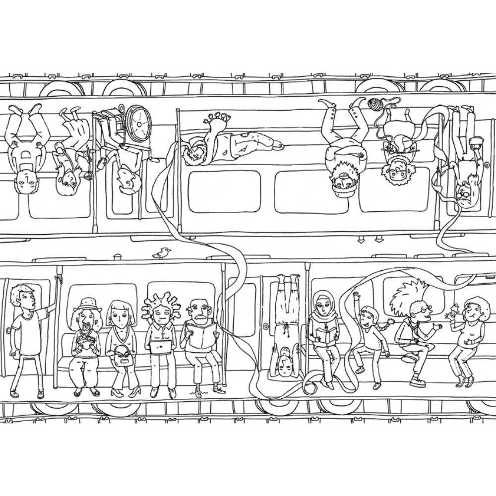 Die Illustration zeigt eine Seite aus dem Hautfarben-Malbuch mit Szenen aus einer Bahn mit verschiedenen Menschen.