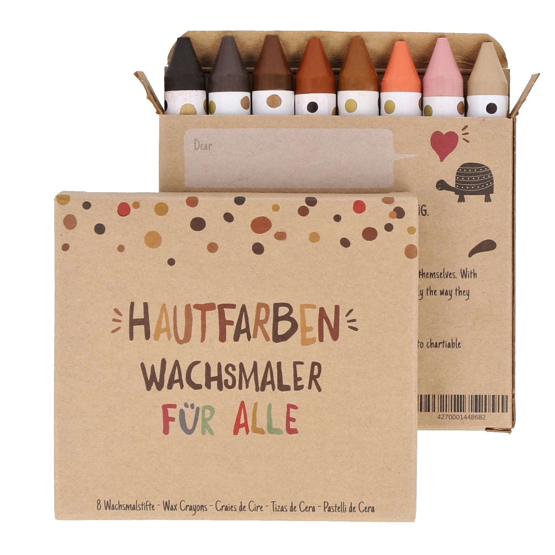 Verpackung mit 8 Hautfarben-Wachsmalern. Nachhaltig produziert, ideal für kreatives Malen und das Fördern von Vielfalt.